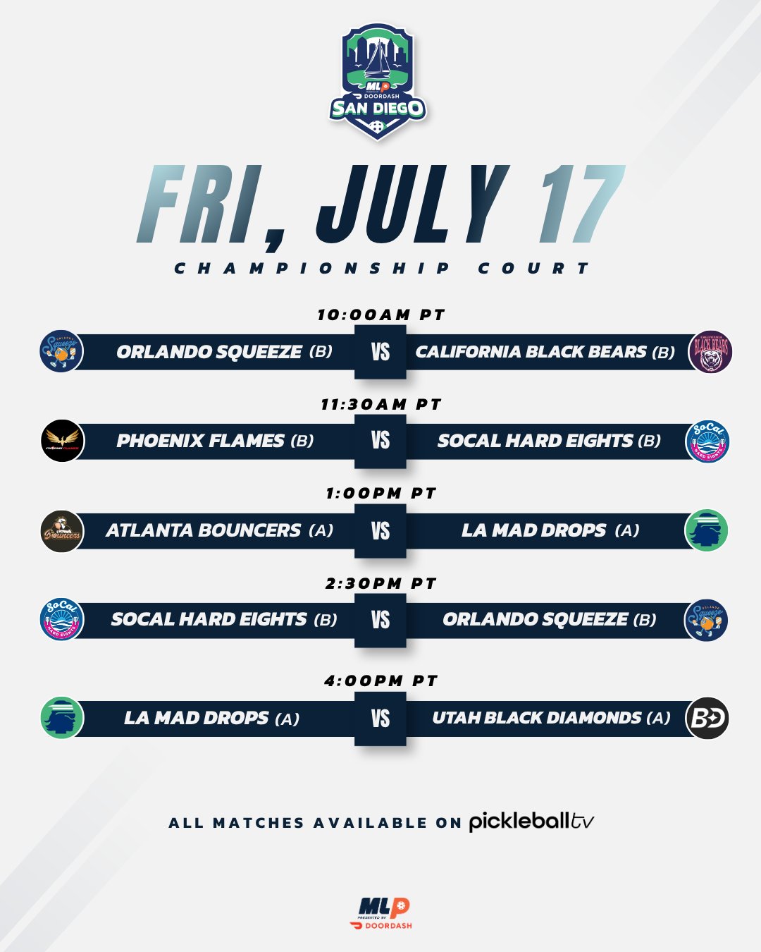 Major League Pickleball San Diego Friday Championship Court schedule.