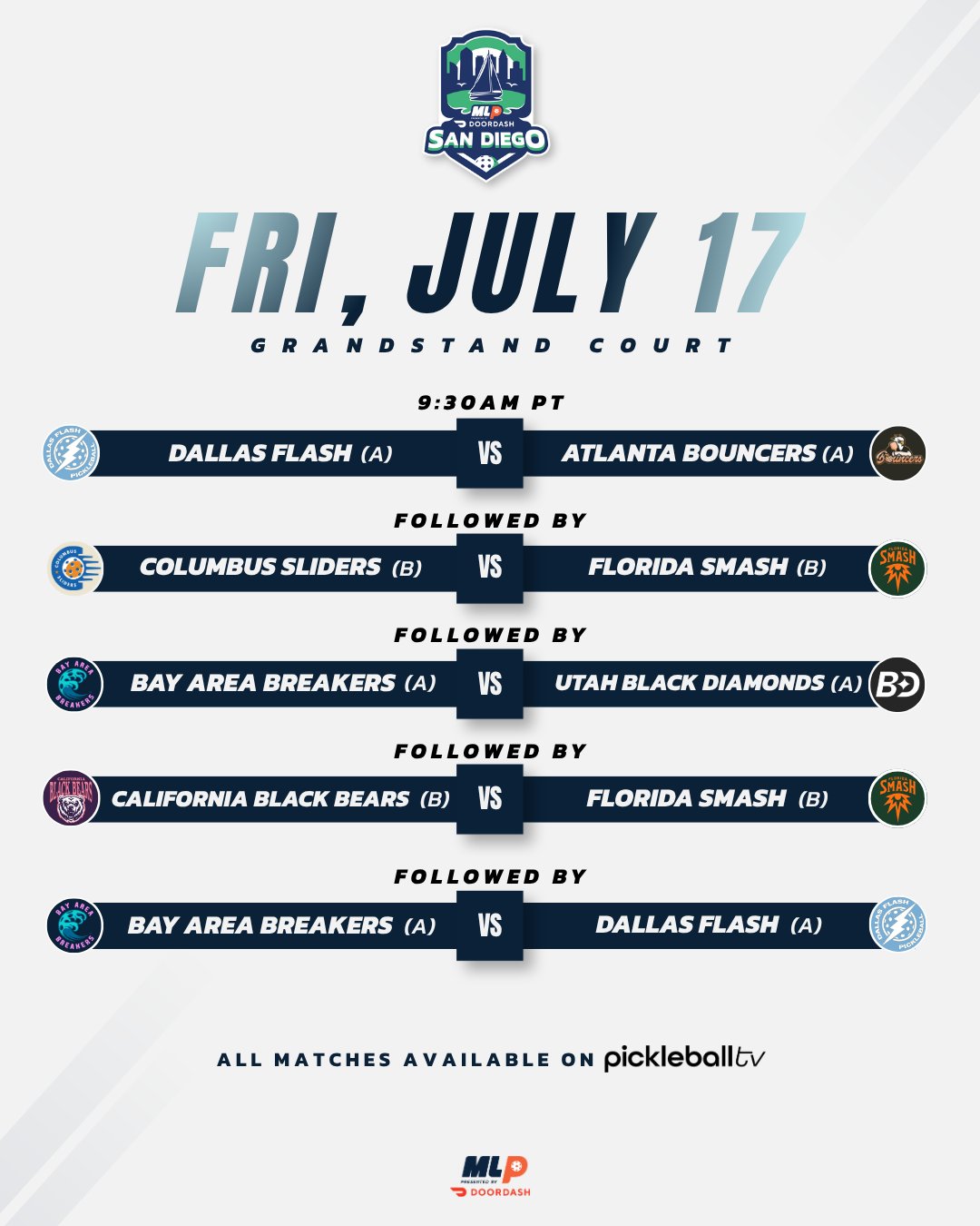Major League Pickleball San Diego Friday Grandstand Court schedule.