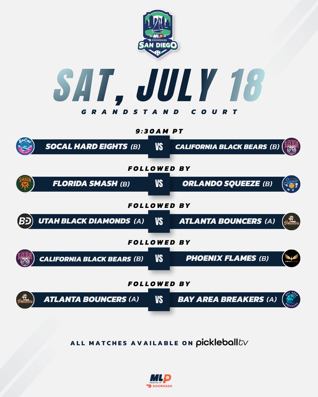 Major League Pickleball San Diego Saturday grandstand court schedule.