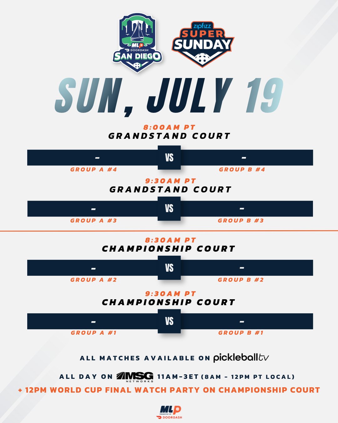 Major League Pickleball San Diego Sunday match schedule.
