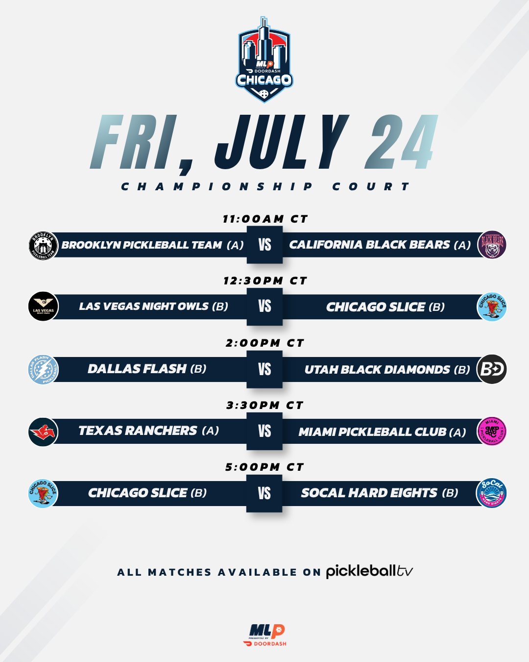 Major League Pickleball Chicago 2026 Friday Championship Court schedule.
