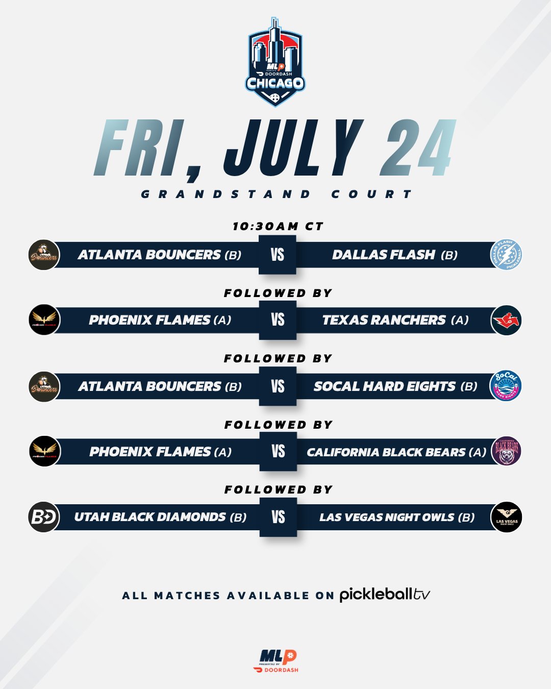 Major League Pickleball Chicago 2026 Friday Grandstand Court schedule.