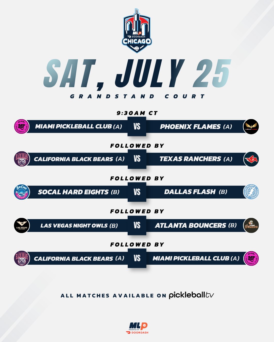 Major League Pickleball Chicago 2026 Saturday Grandstand Court schedule.