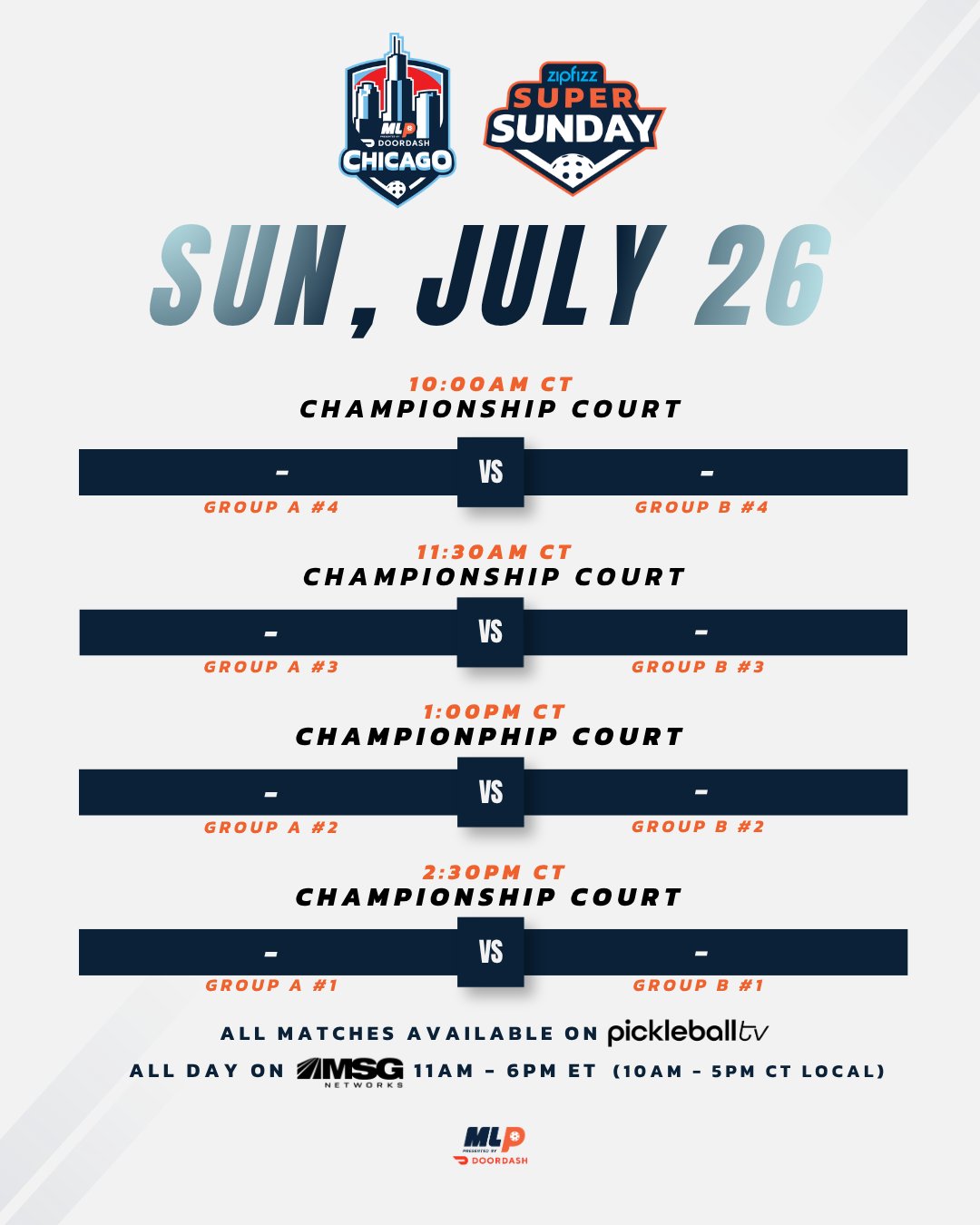 Major League Pickleball Chicago 2026 Sunday match schedule.