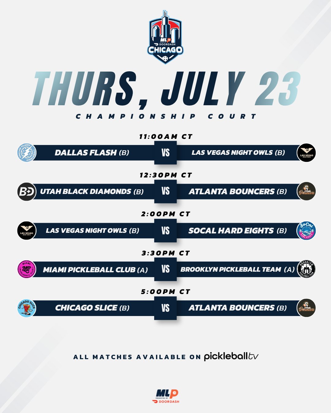 Major League Pickleball Chicago 2026 Thursday match schedule.