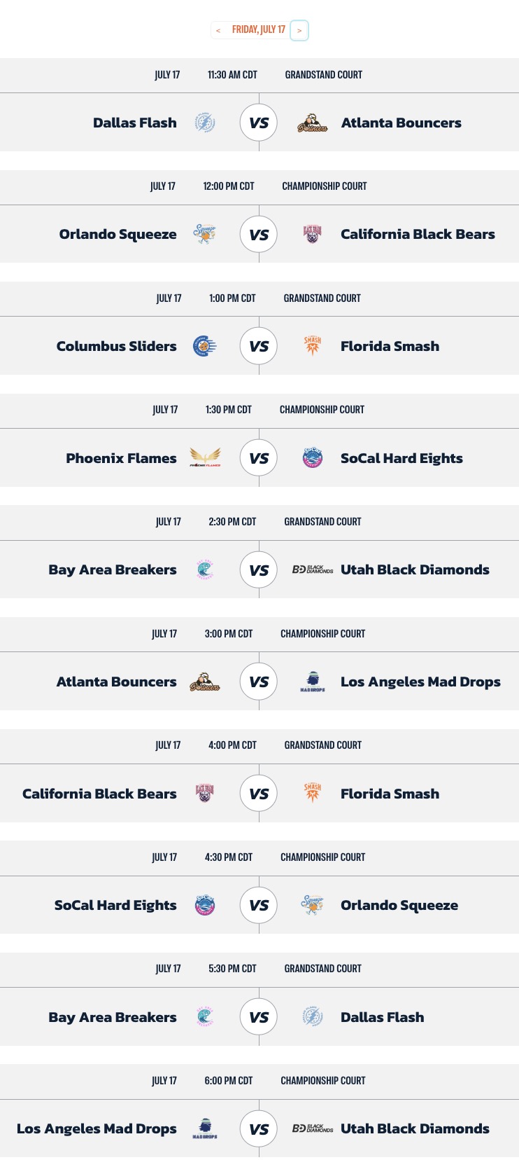 Major League Pickleball San Diego 2026 Friday match schedule.