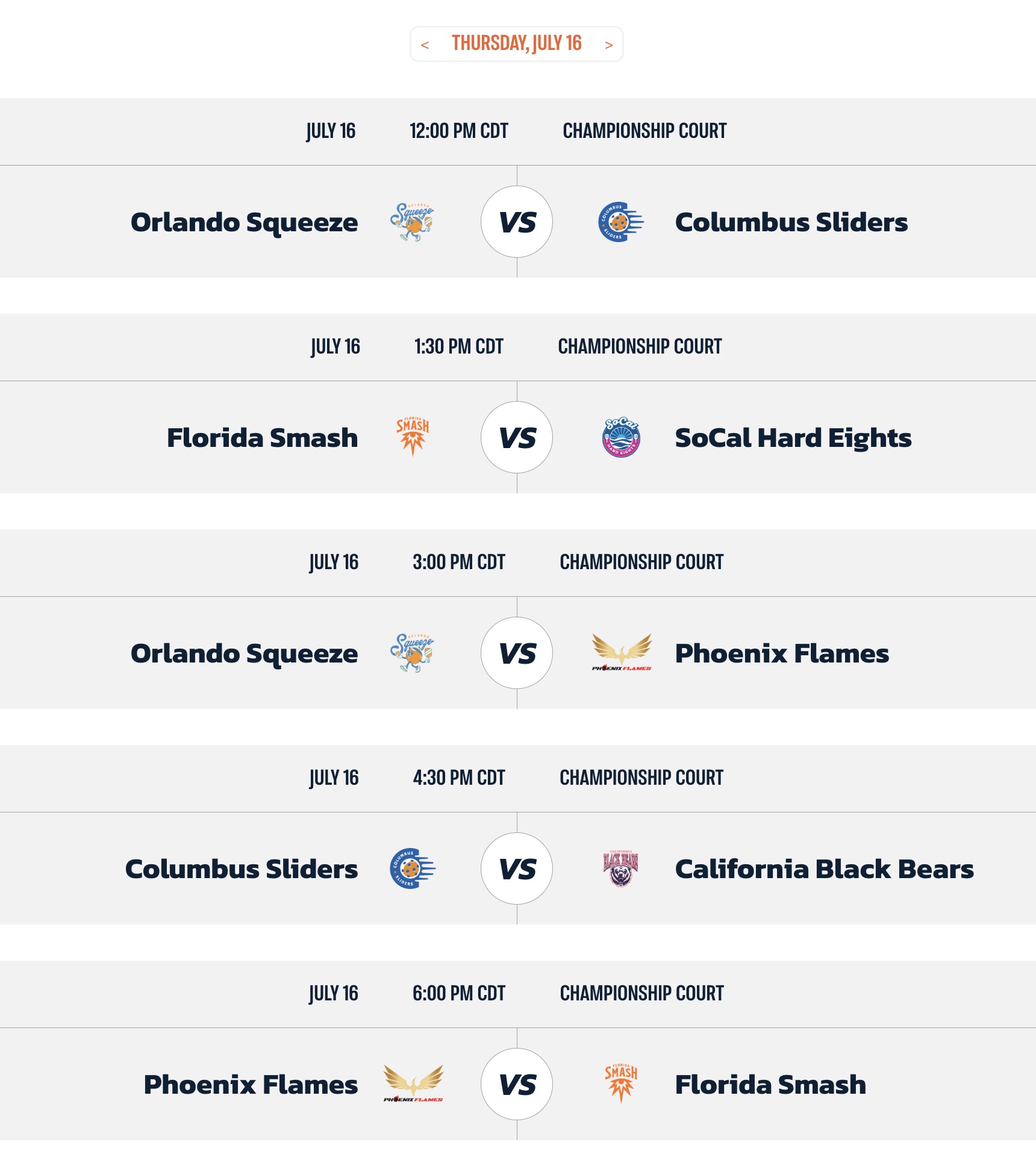 Major League Pickleball San Diego 2026 Thursday match schedule.