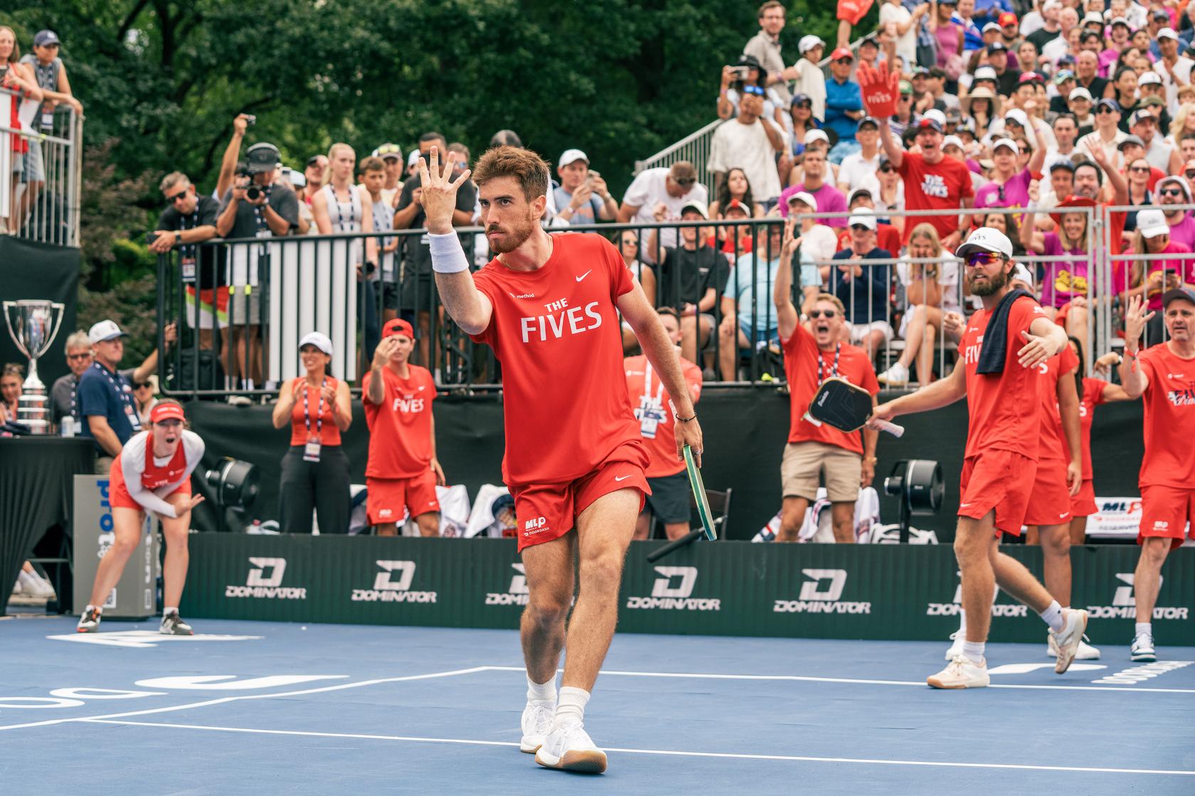 Federico Staksrud celebrates after a point during the 2026 Major League Pickleball Finals.