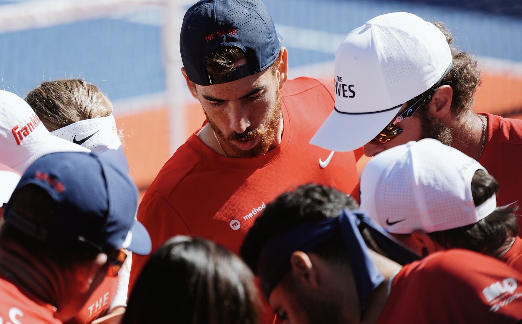 The New Jersey 5s huddle up before a Major League Pickleball match in 2026.