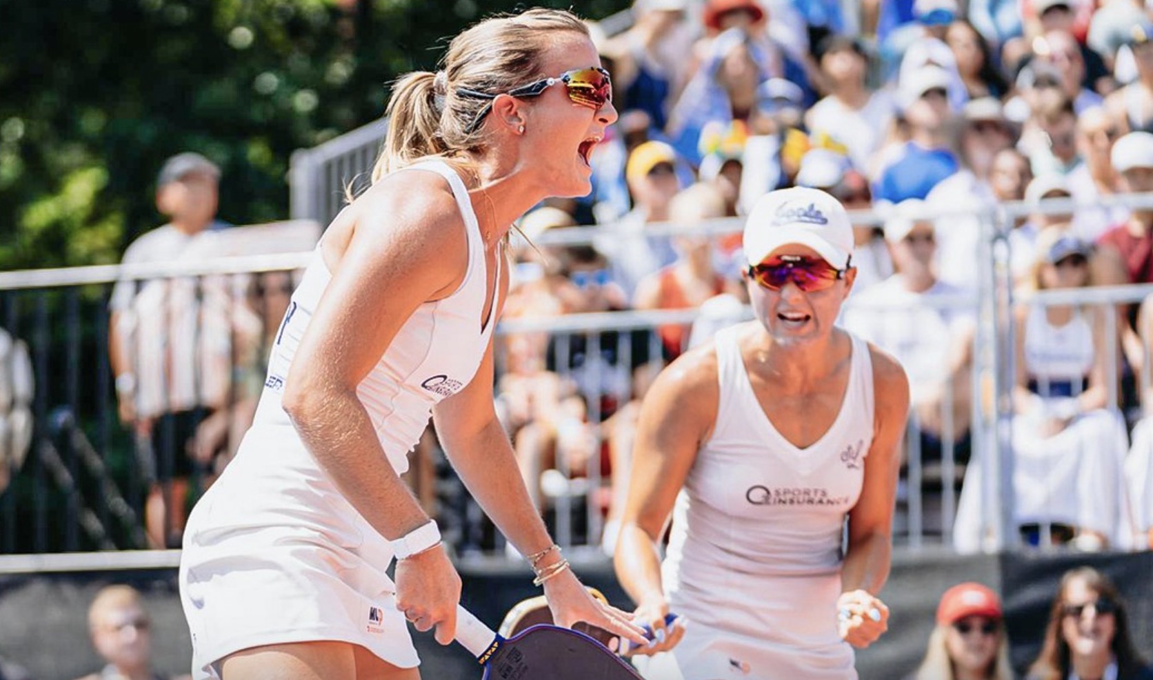 Kate Fahey and Anna Bright celebrate after a point at the 2026 Major League Pickleball Finals in New York City.