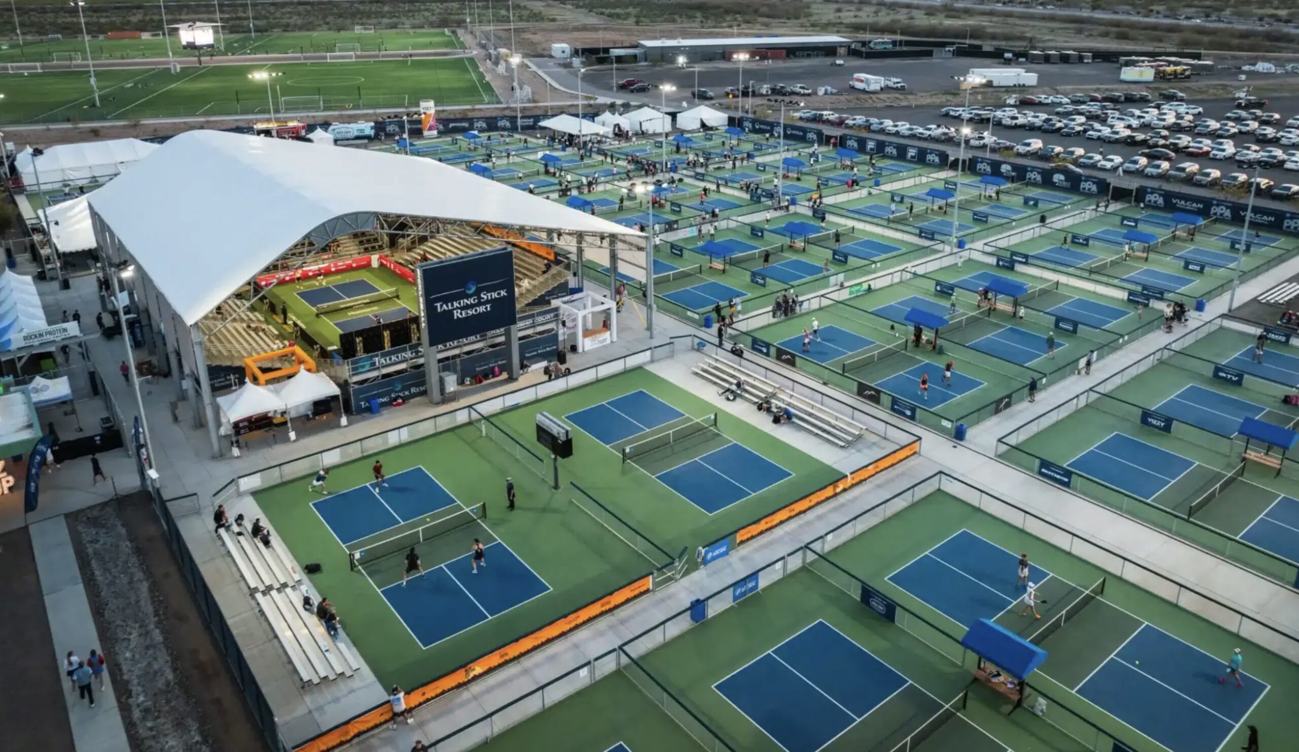 Aerial view of the Arizona Athletic Grounds pickleball complex.