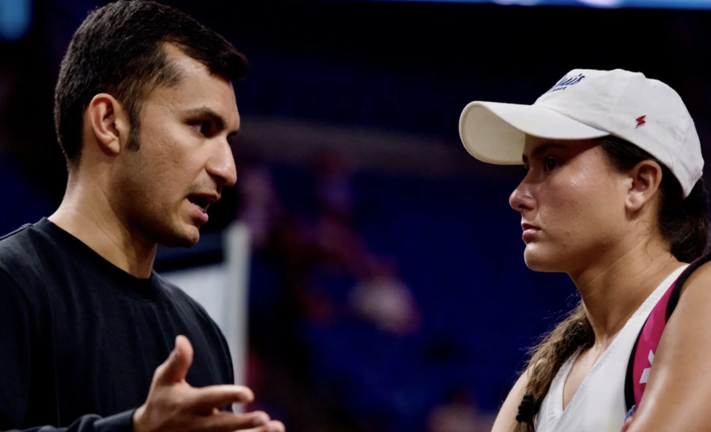 Former Major League Pickleball Commissioner Samin Odhwani talks to pro player Anna Bright during an MLP event.