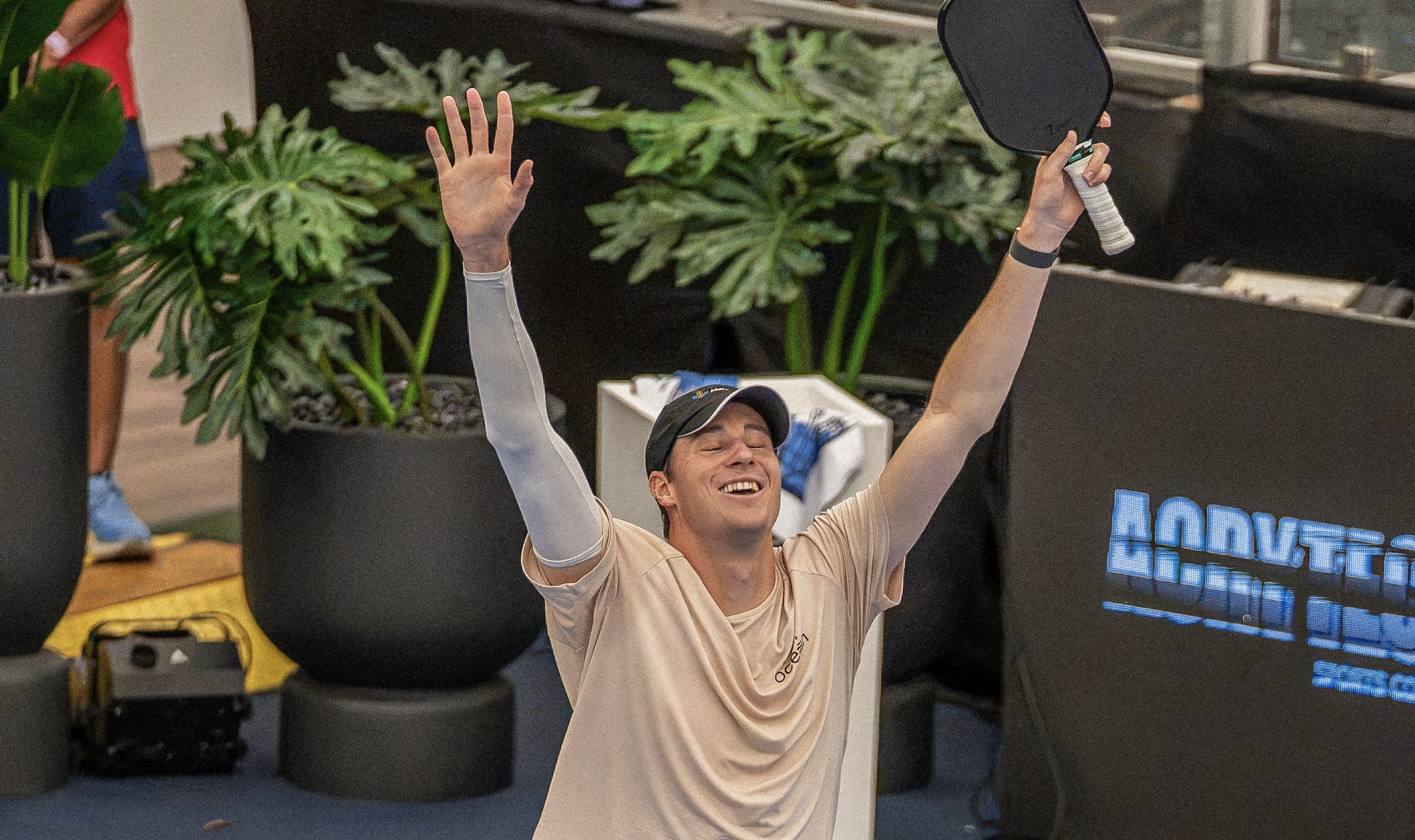 Roscoe Bellamy celebrates after winning a match at the PPA Tour 2026 Chicago Cup.